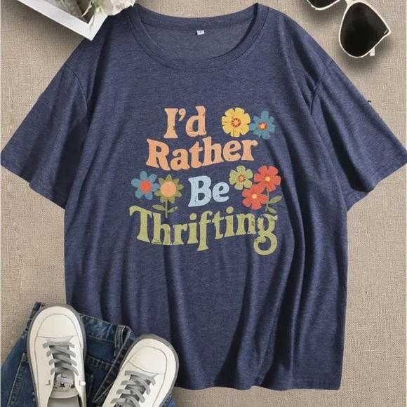 New! Graphic Navy Blue Women's Top I’d Rather Be Thrifting Sz XL - Picture 2 of 5